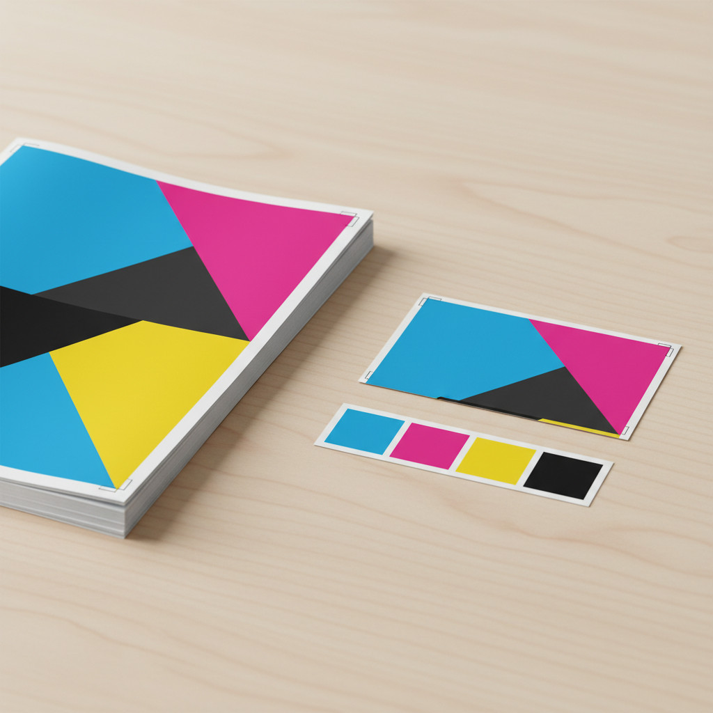 Printed materials with crop marks, bleed area and CMYK swatches