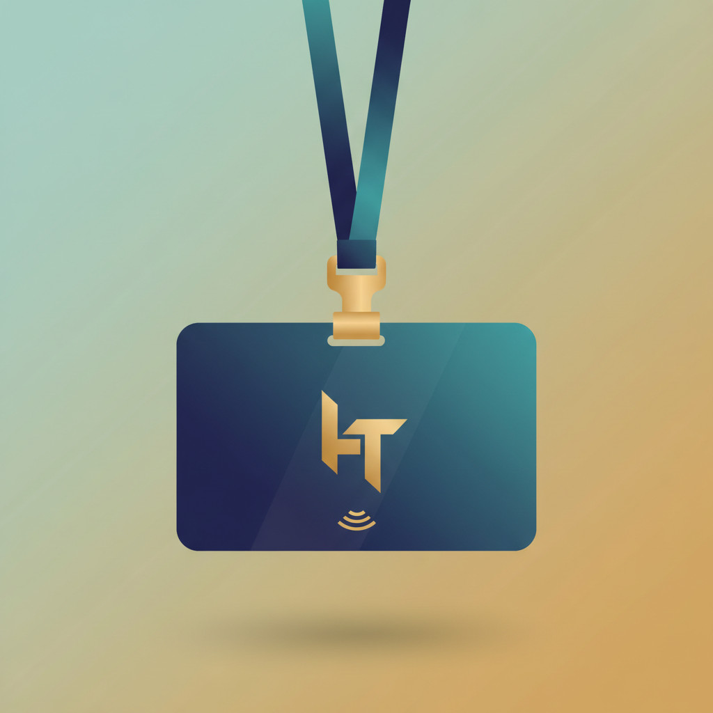 Close-up branded smart badge on lanyard with contactless chip and abstract logo