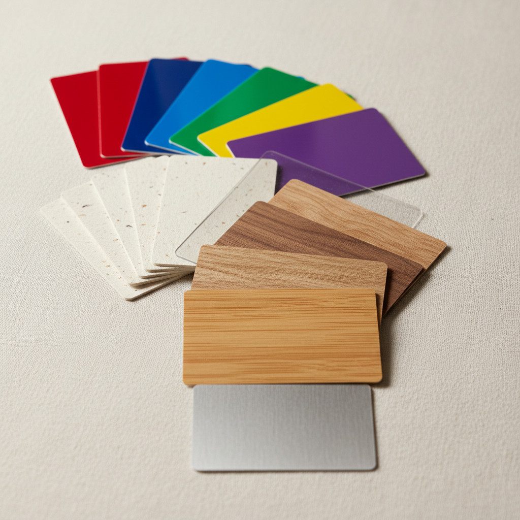 Card material samples arranged on a neutral background