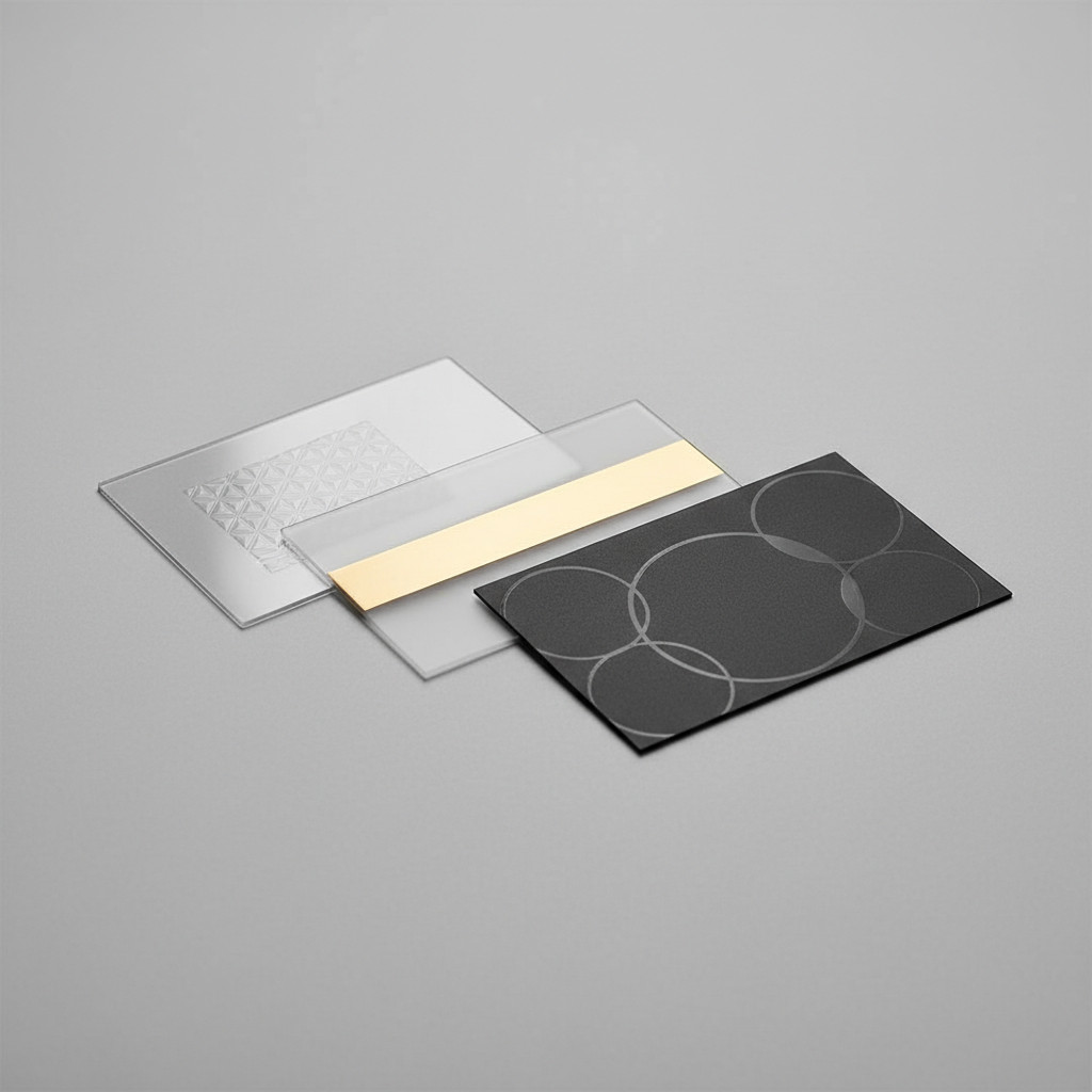 Three premium plastic business cards showing embossing, gold foil and spot UV finishes on a neutral background