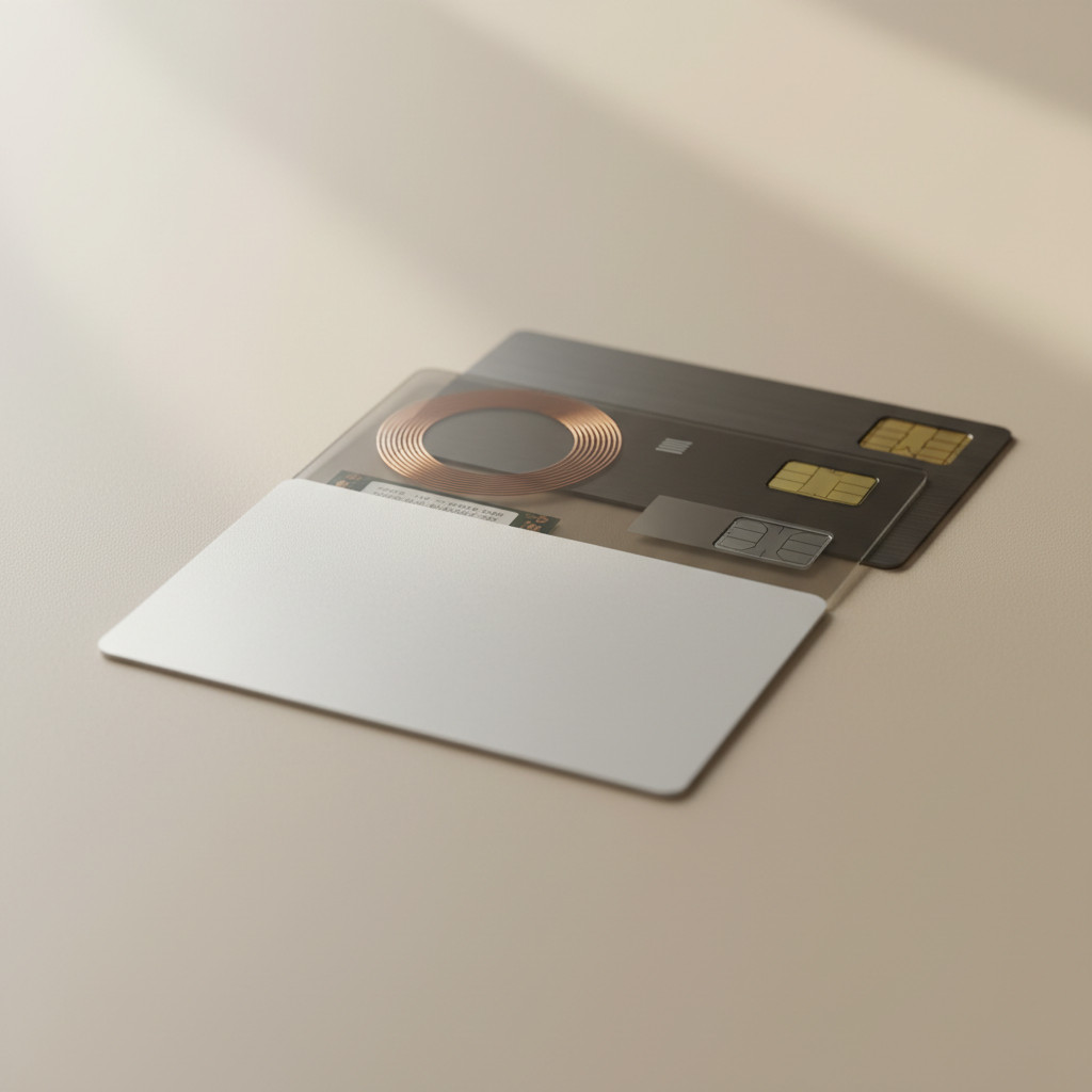 Three modern cards on a neutral surface: a plastic card, a card with a subtle NFC coil pattern visible beneath the surface, and a card hinting at an embedded RFID metallic line
