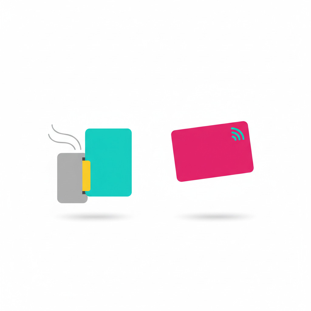 Flat vector illustration of two plastic cards and a printer roller suggesting printing and an NFC signal