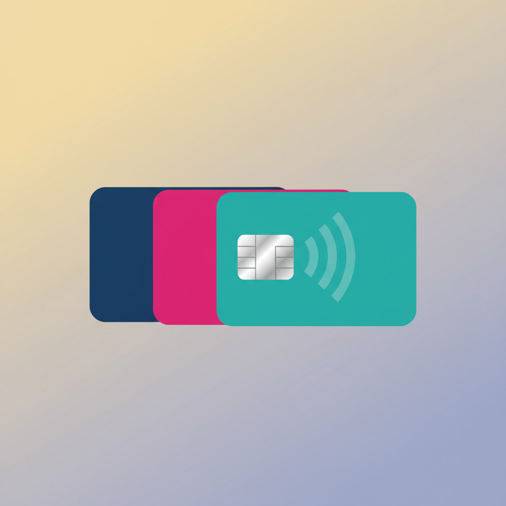 Stack of modern plastic cards with NFC signal, colorful vector illustration
