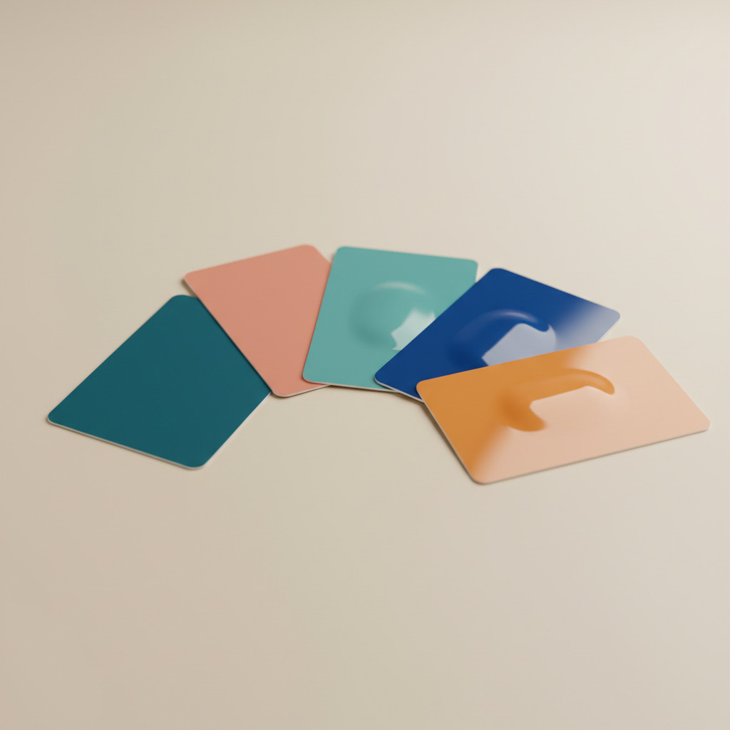 Close-up of colorful plastic and NFC cards fanned on a neutral background