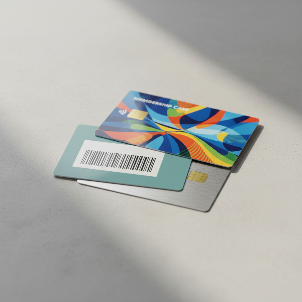 Assorted custom plastic cards fanned on a neutral background showing glossy, matte, and metallic finishes