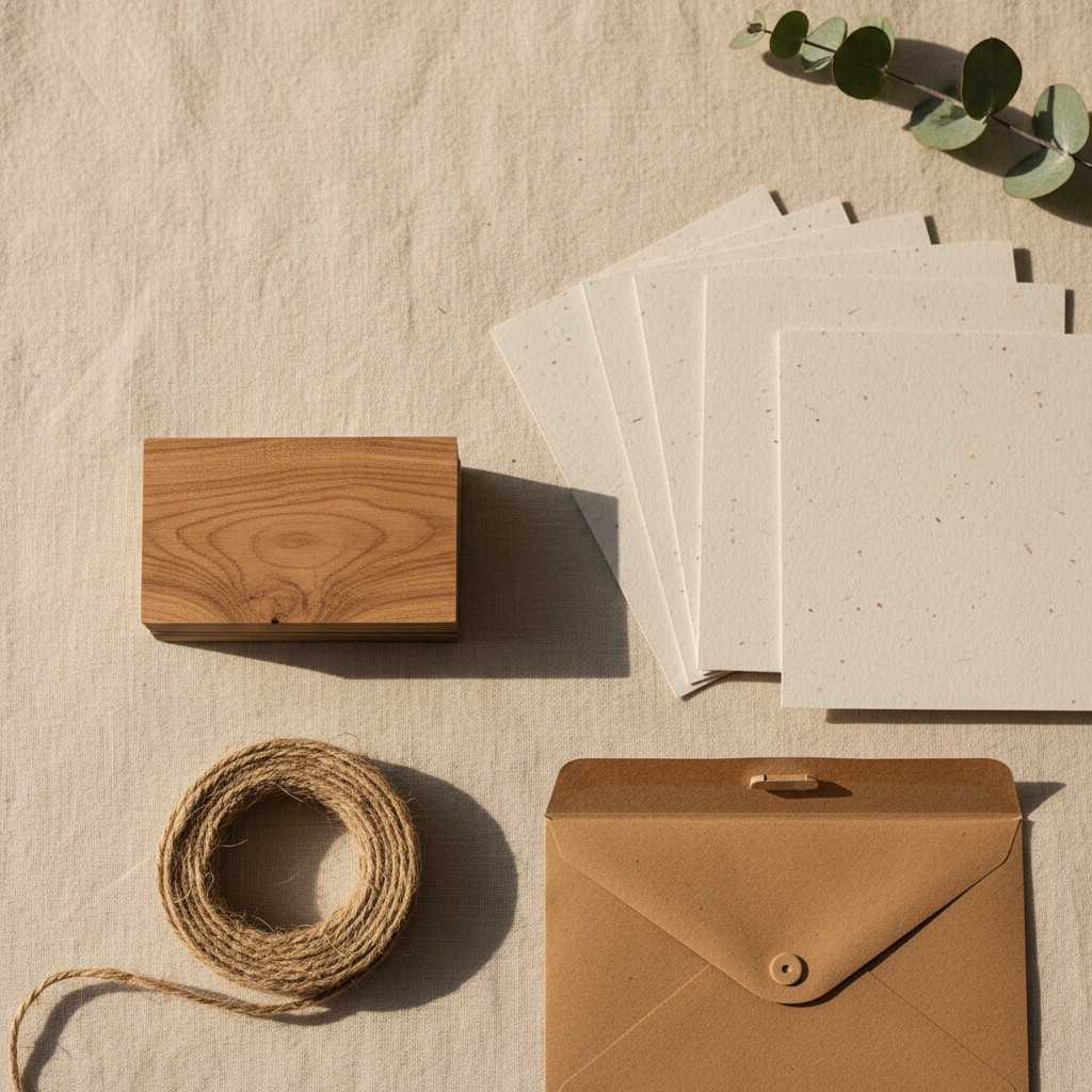 Flat-lay of wooden business cards and recycled paper samples on linen background
