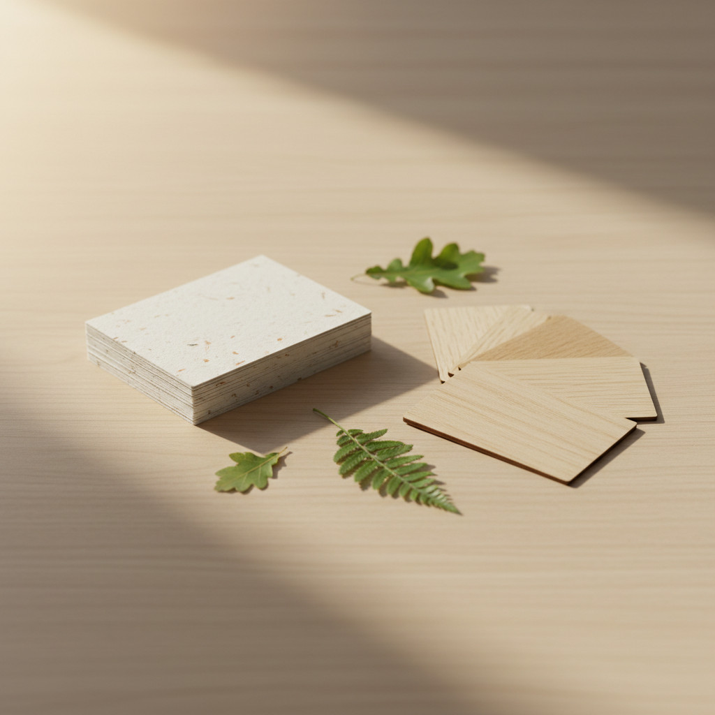 Eco-friendly materials image illustrating recycled paper and wood cards