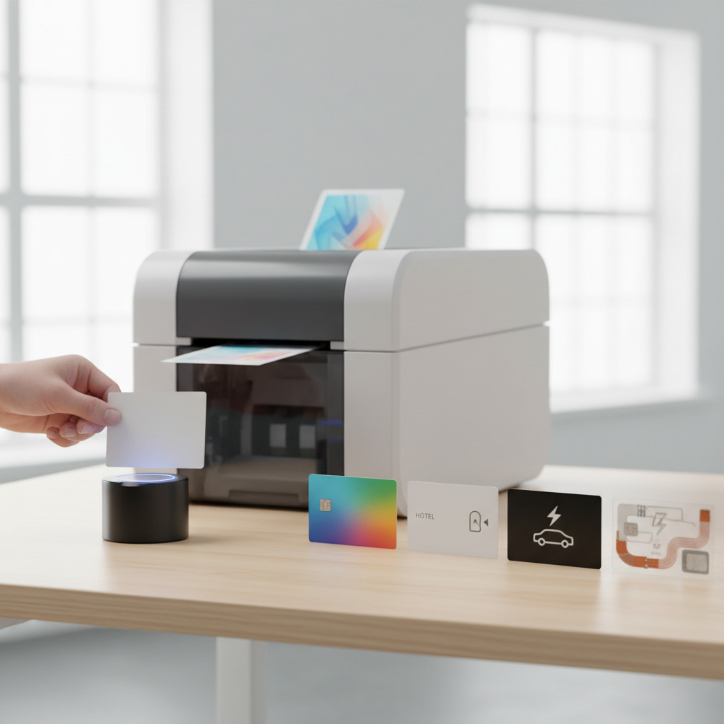 Card printing workstation with sample plastic NFC and RFID cards and a hand tapping a reader