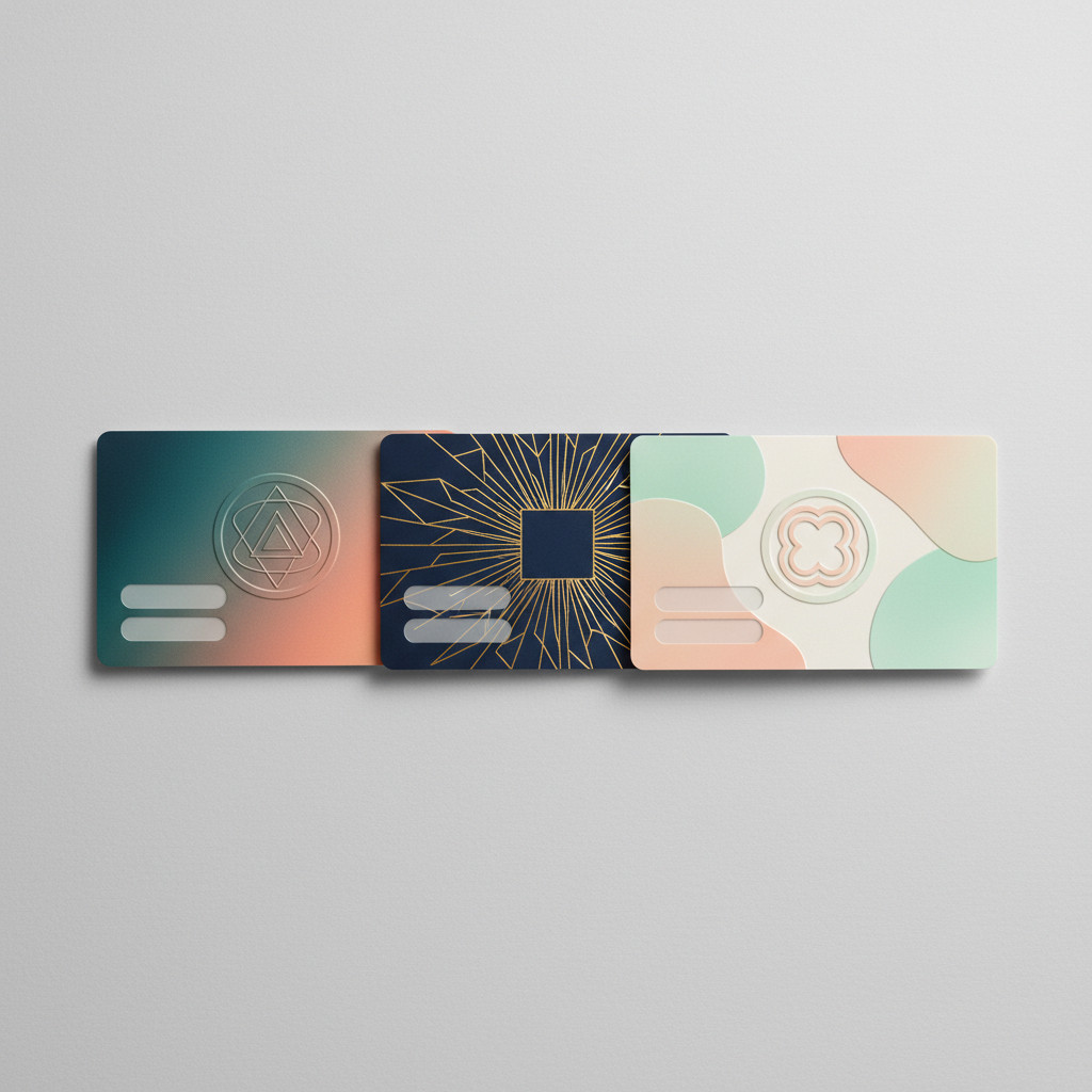 Appealing photo of three modern gift cards showing color harmony, brand mark emblems, and clear space for text