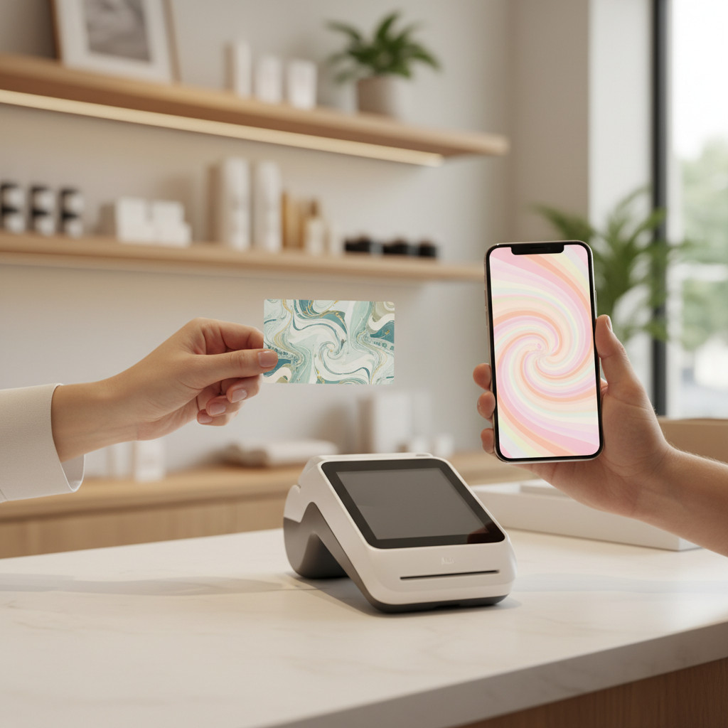 Hand holding a gift card near a payment terminal and a smartphone showing a digital gift card