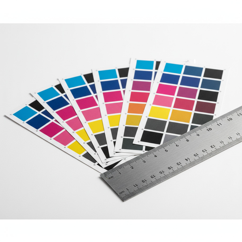 High resolution printed cards with CMYK swatch and crop marks