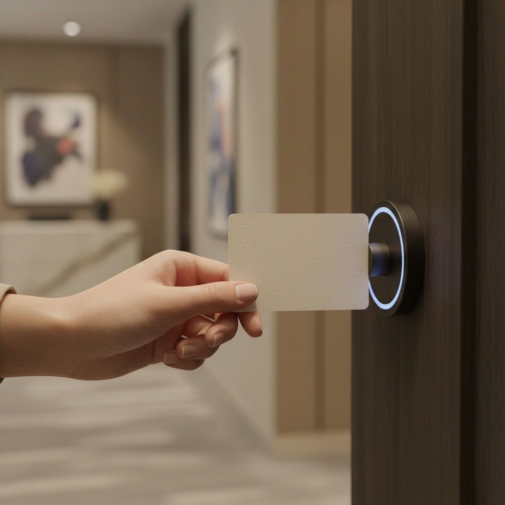 Guest holding a contactless hotel access card near a modern door lock