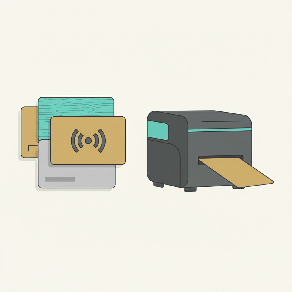 Illustration of hotel keycards and a compact card printer with abstract NFC signal
