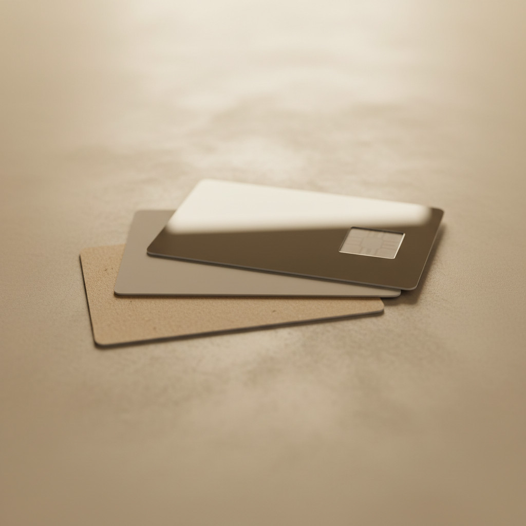 Stack of three hotel keycards in glossy, matte, and recycled finishes on a neutral background