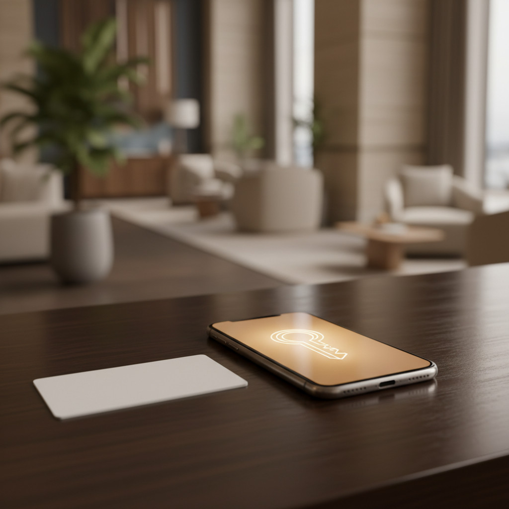 Hotel key card and smartphone on polished reception desk with warm ambient lighting