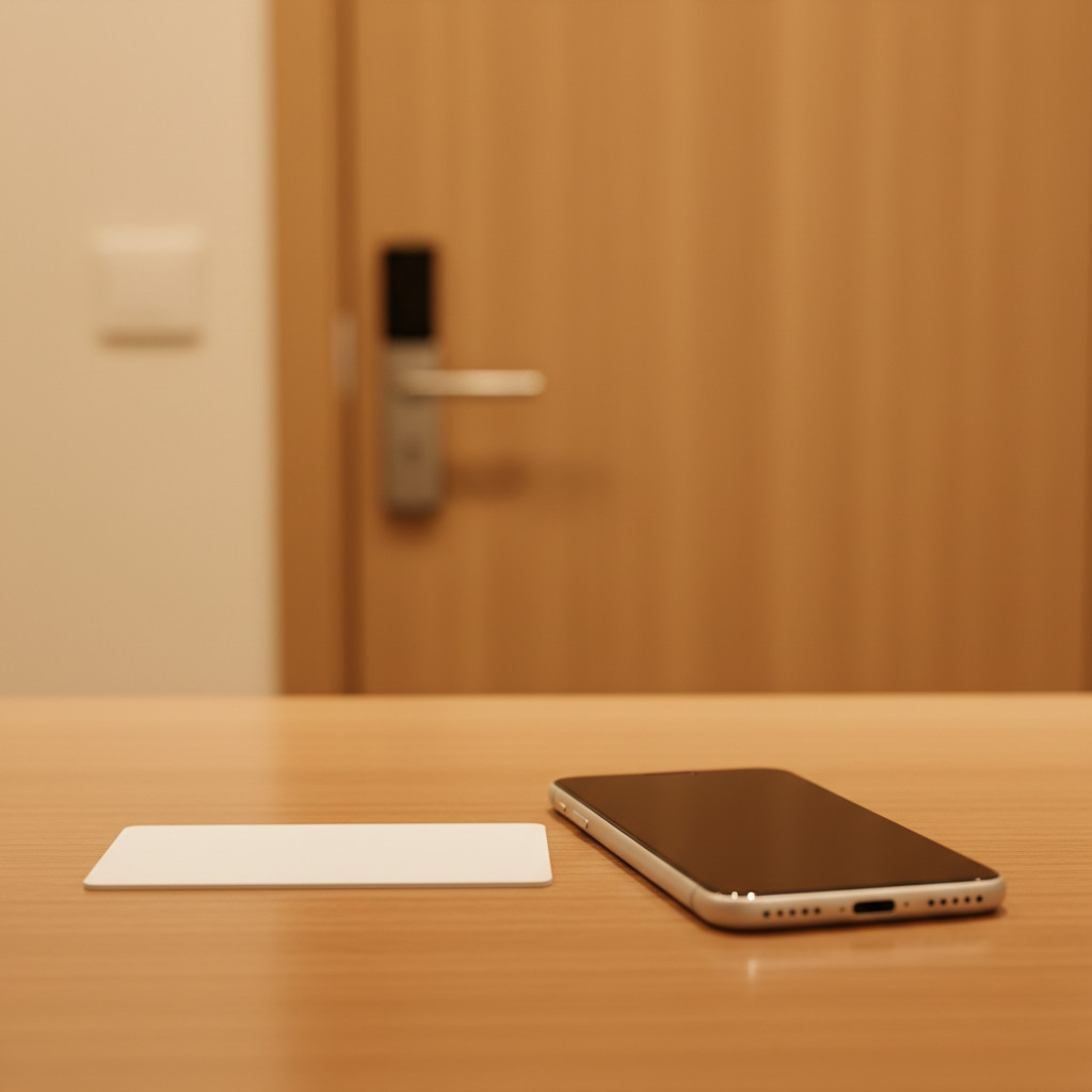 Hotel key card and smartphone on a polished reception desk with warm ambient lighting