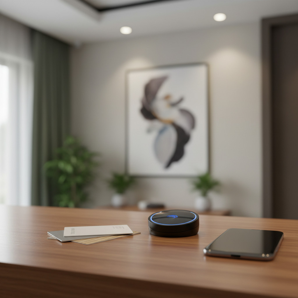 Stack of smart-printed hotel keycards with glossy, metal, wood-grain and recycled finishes placed on a warm reception desk beside a contactless reader