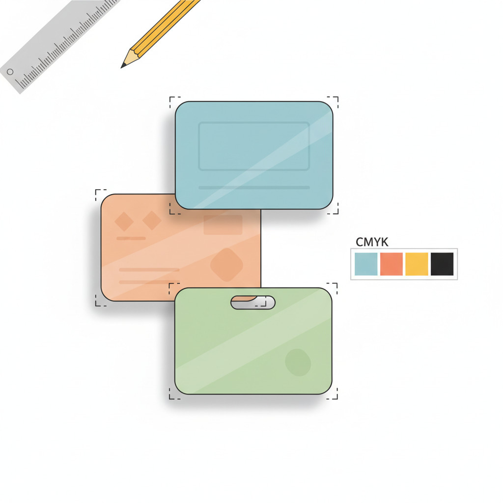 Flat vector illustration of overlapping ID and loyalty cards with crop marks, CMYK swatch, ruler and pencil