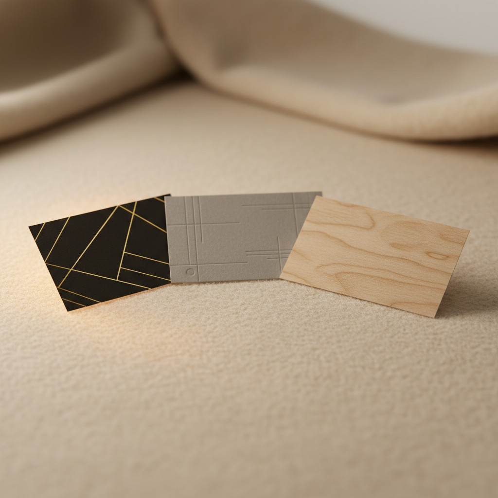Three premium cards showing foil, soft-touch, and wood finishes on a neutral surface