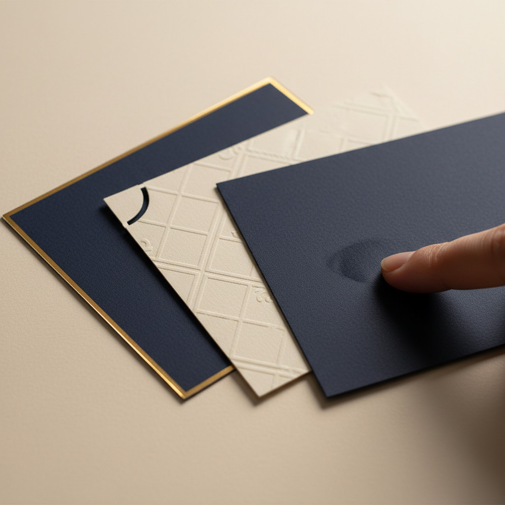 Three premium cards showing foil, embossing, and soft-touch finish with a die-cut notch