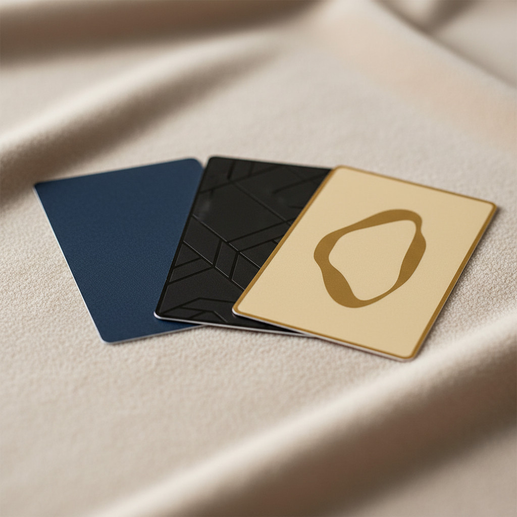 Close-up of three premium cards showing soft-touch, spot UV gloss, and metallic foil finishes