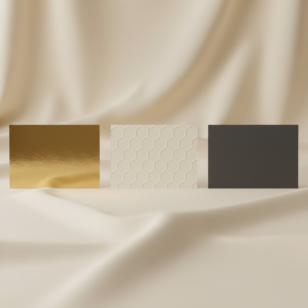 Three premium card samples showing gold foil stamping, raised embossing and velvety soft-touch finish on a neutral background