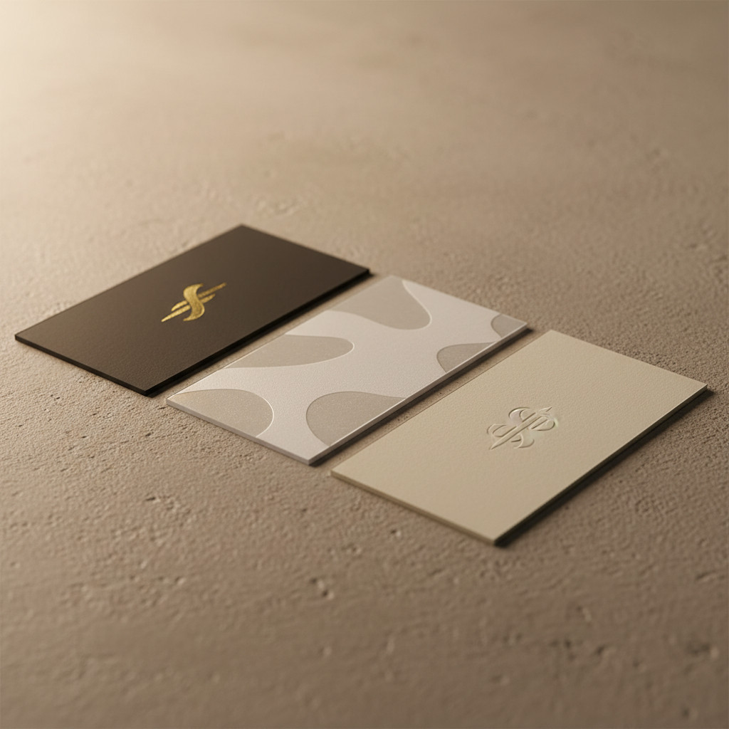 Close up of luxury printed pieces showing gold foil, spot UV gloss and embossed cream card