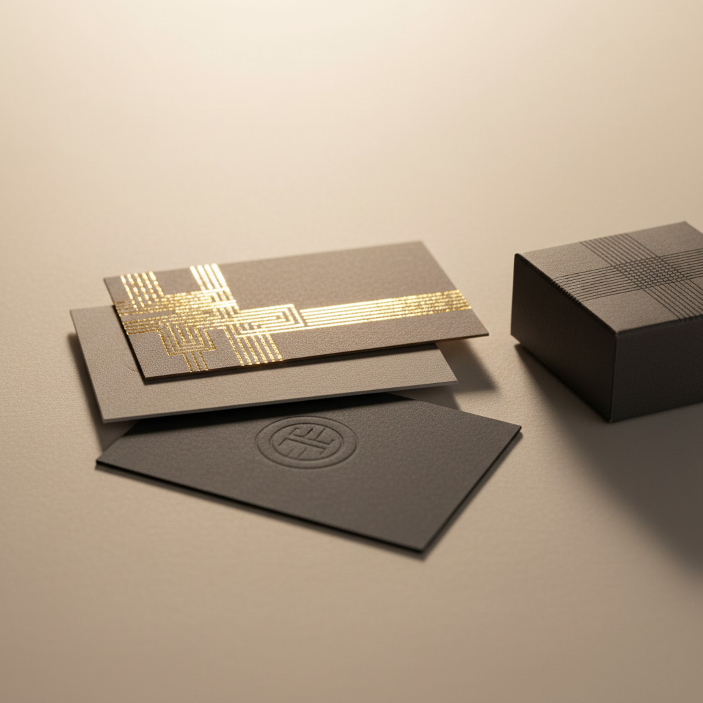 Close-up of luxury printed business cards and packaging showing gold foil, embossing, and soft-touch finishes