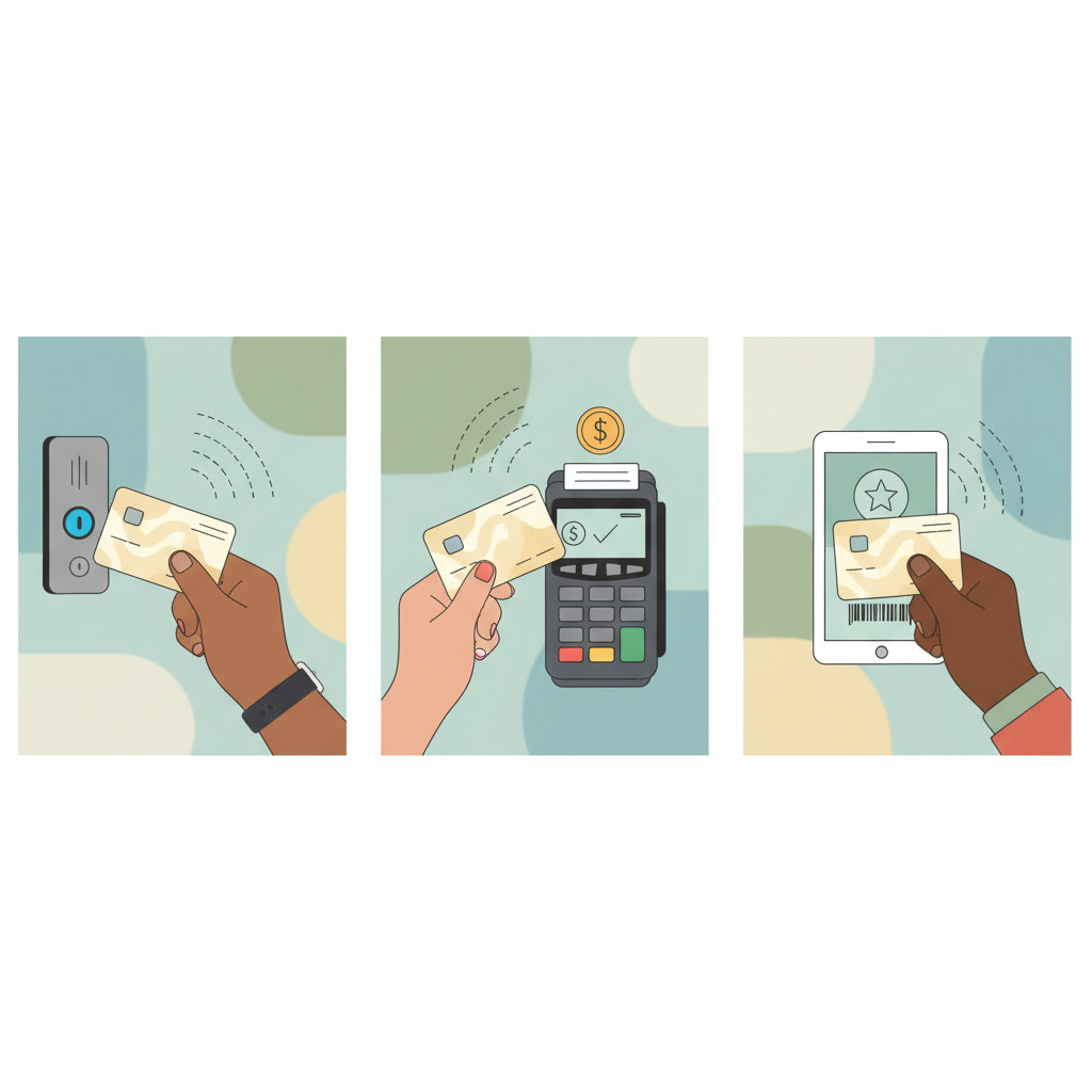 Personalized NFC cards being tapped for access payment and loyalty rewards