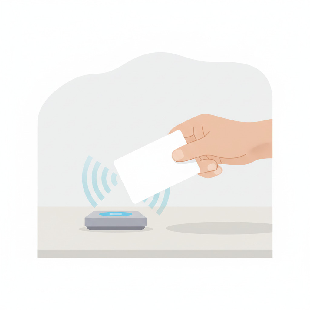 Person holding an NFC smart card near a reader showing contactless signal waves