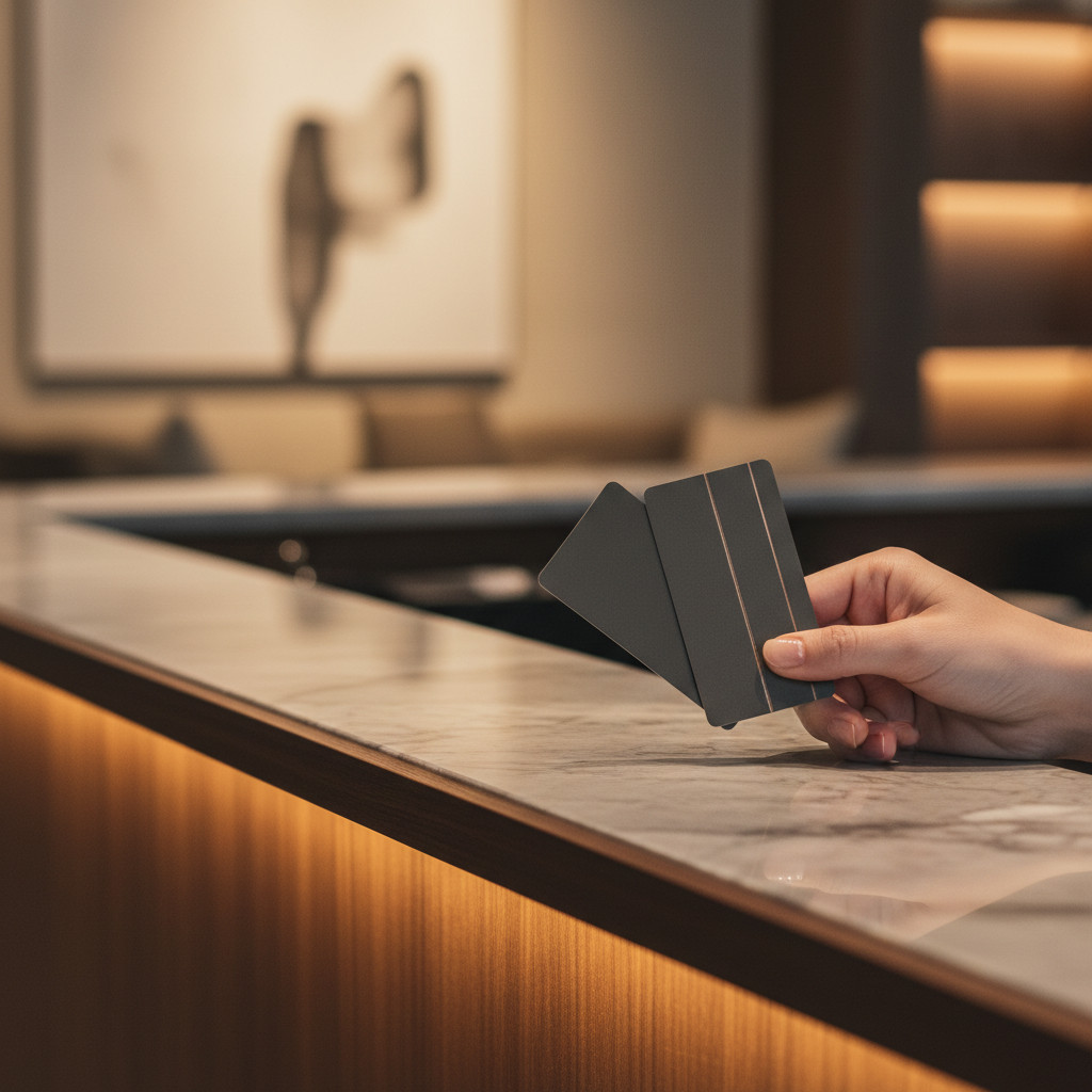 Hand holding premium hotel keycards with matte and metallic finishes on a sleek reception desk