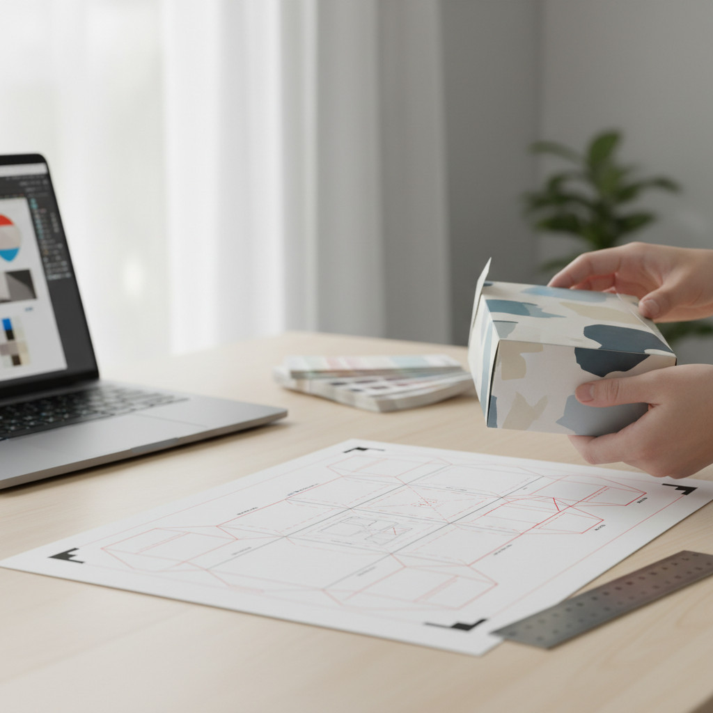 Designer workspace showing dieline sheets, crop marks, color swatches and a laptop displaying a vector artboard