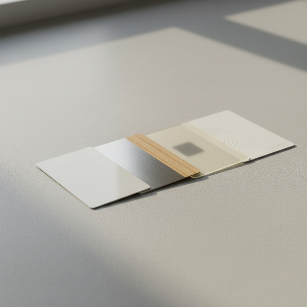 Assortment of printed cards including PVC, metallic, wooden-texture, NFC and RFID cards arranged neatly