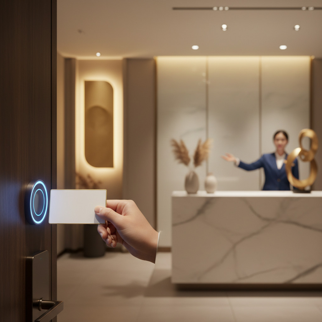 Hand holding an RFID hotel access card near a door lock sensor in a warm hotel reception setting