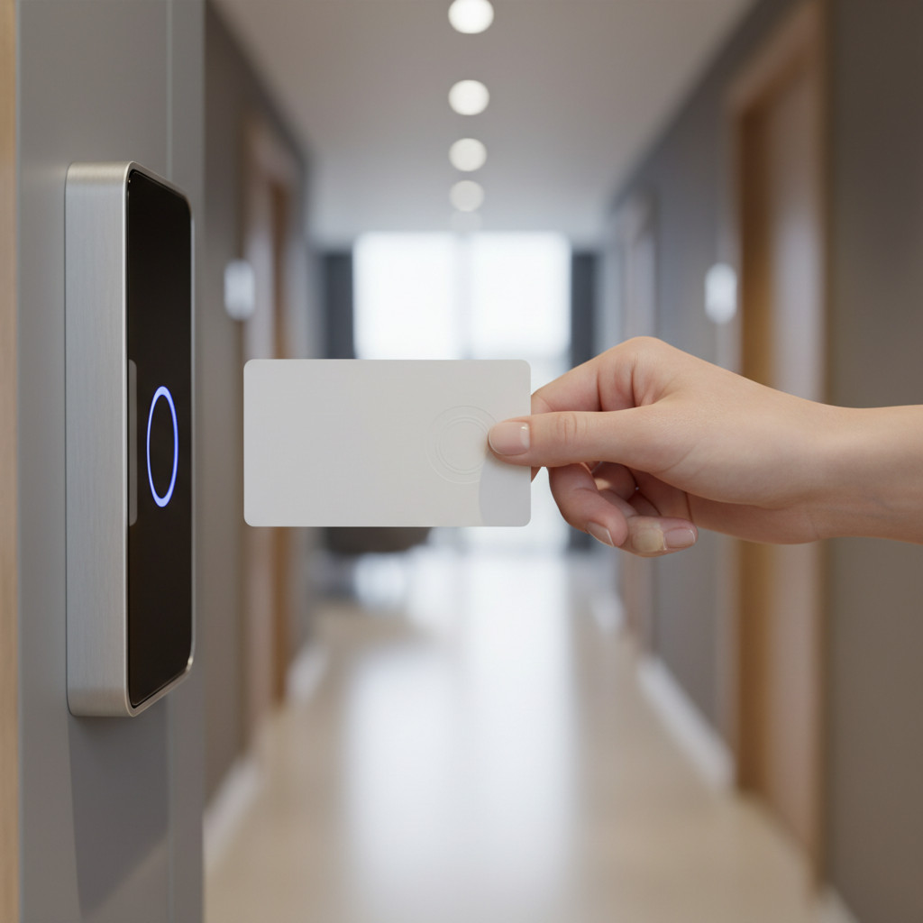 Hand holding RFID keycard near contactless reader in modern corridor