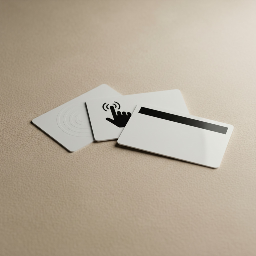 Three smart cards illustrating RFID NFC and magnetic stripe