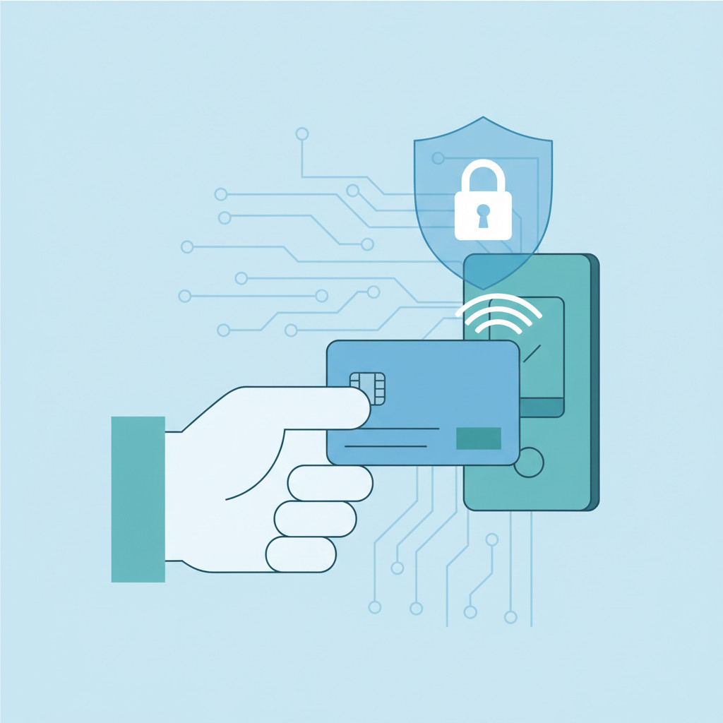 Hand holding secure access card near a door reader with shield and padlock icon, radio waves and subtle circuit background