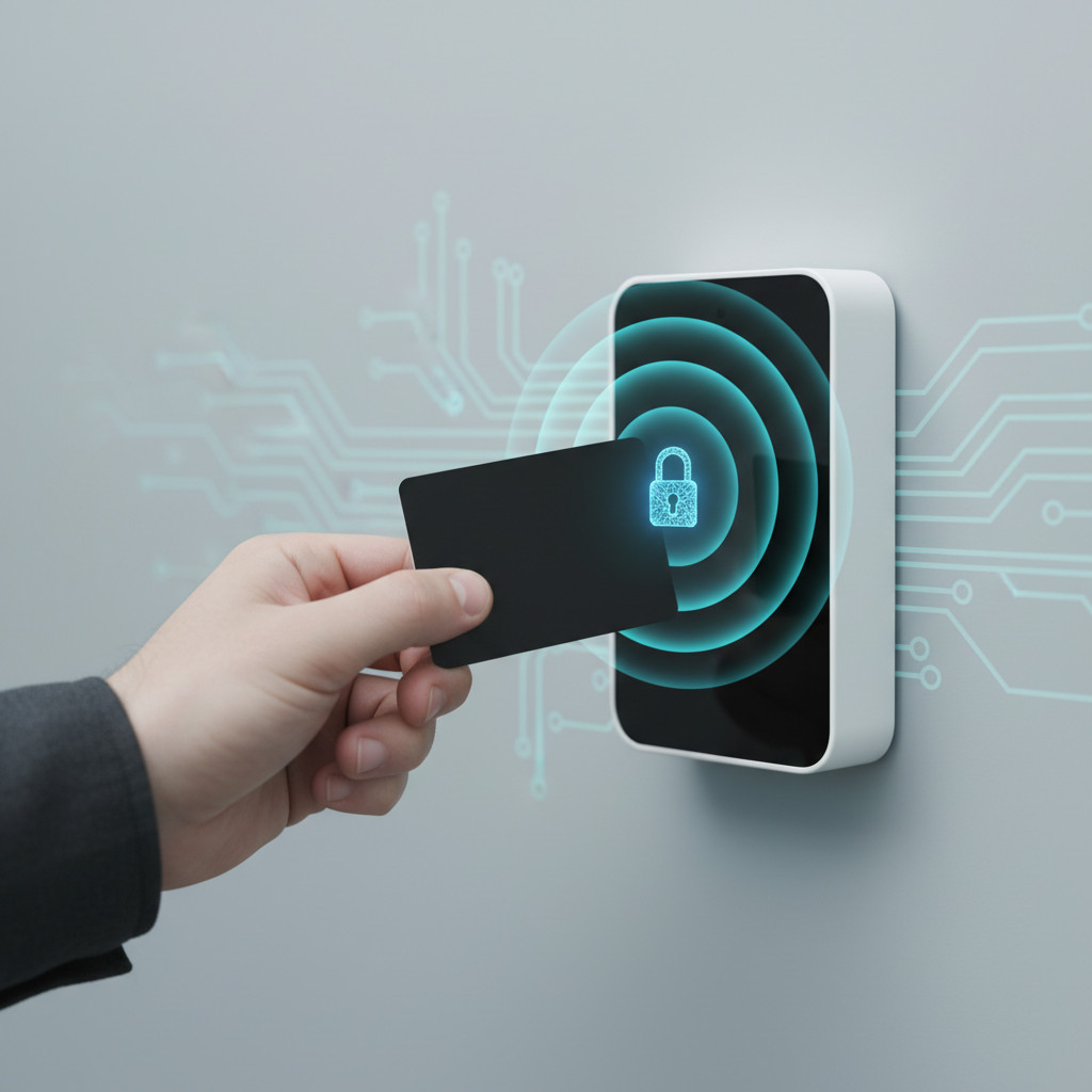 Hand holding a contactless access card near a wall reader with soft blue signal waves and a padlock symbol, minimal composition