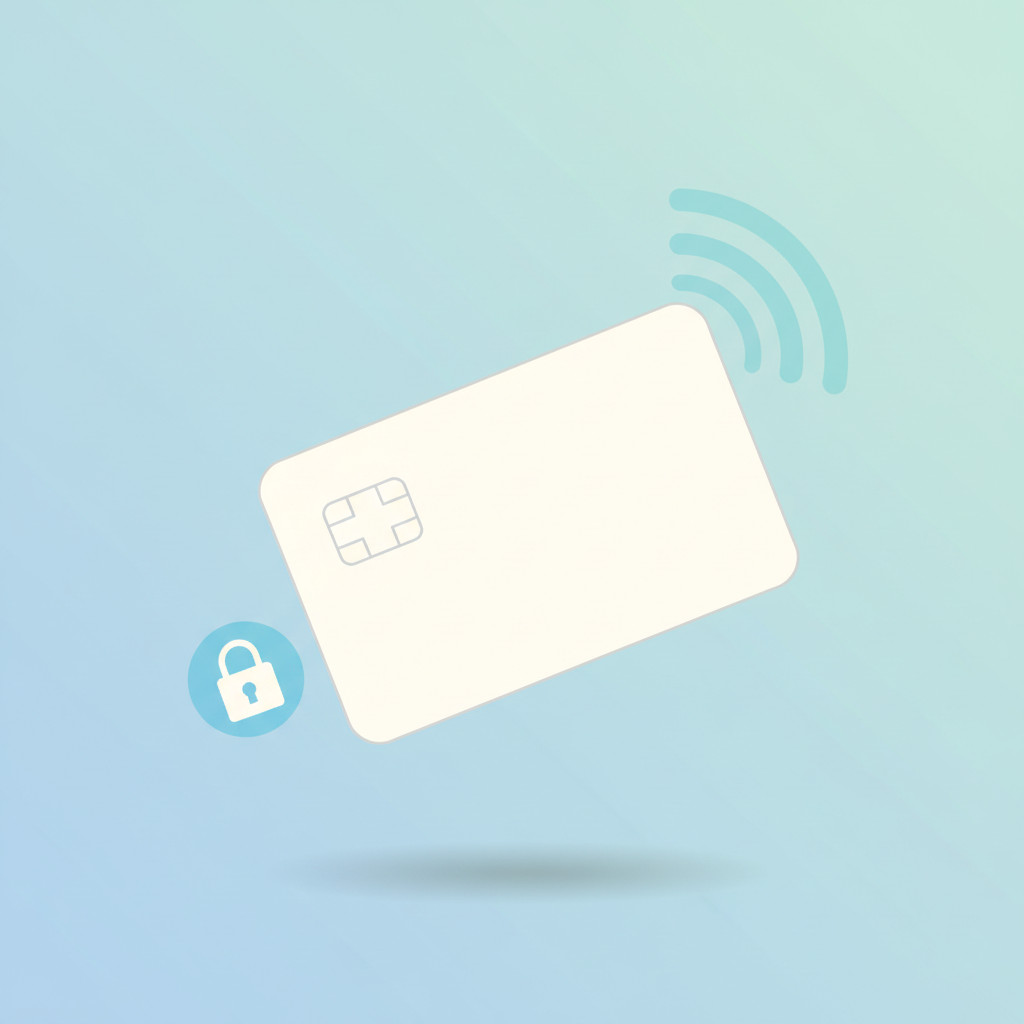 Illustration of a secure RFID smart card with signal waves and a padlock