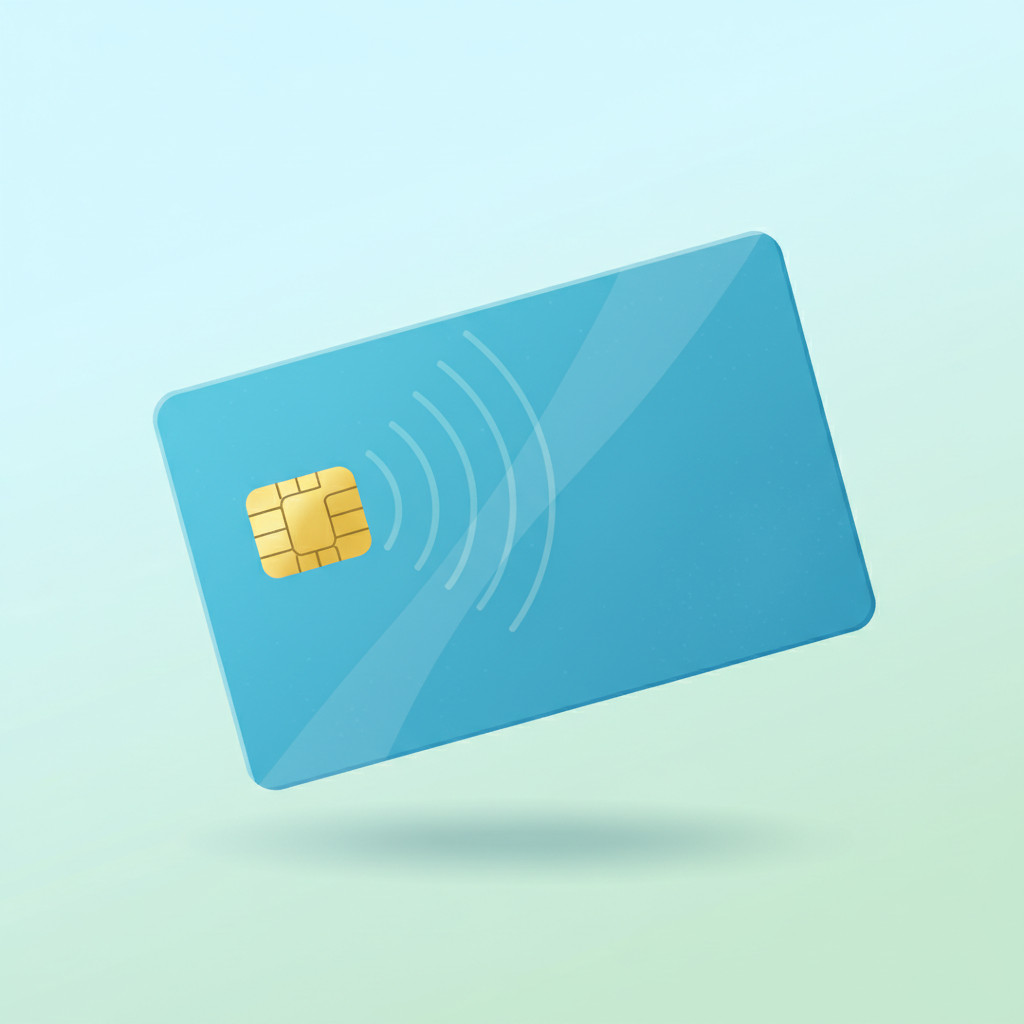 Illustration of a smart card with embedded chip and wireless signal waves