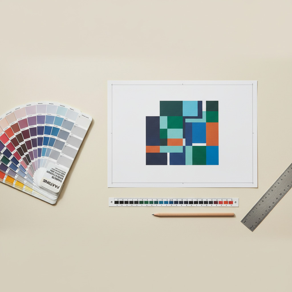 Flat lay of print prepress workspace showing Pantone swatch fan, printed proof with crop marks and visible bleed, color control strip, metal ruler and pencil on a neutral background