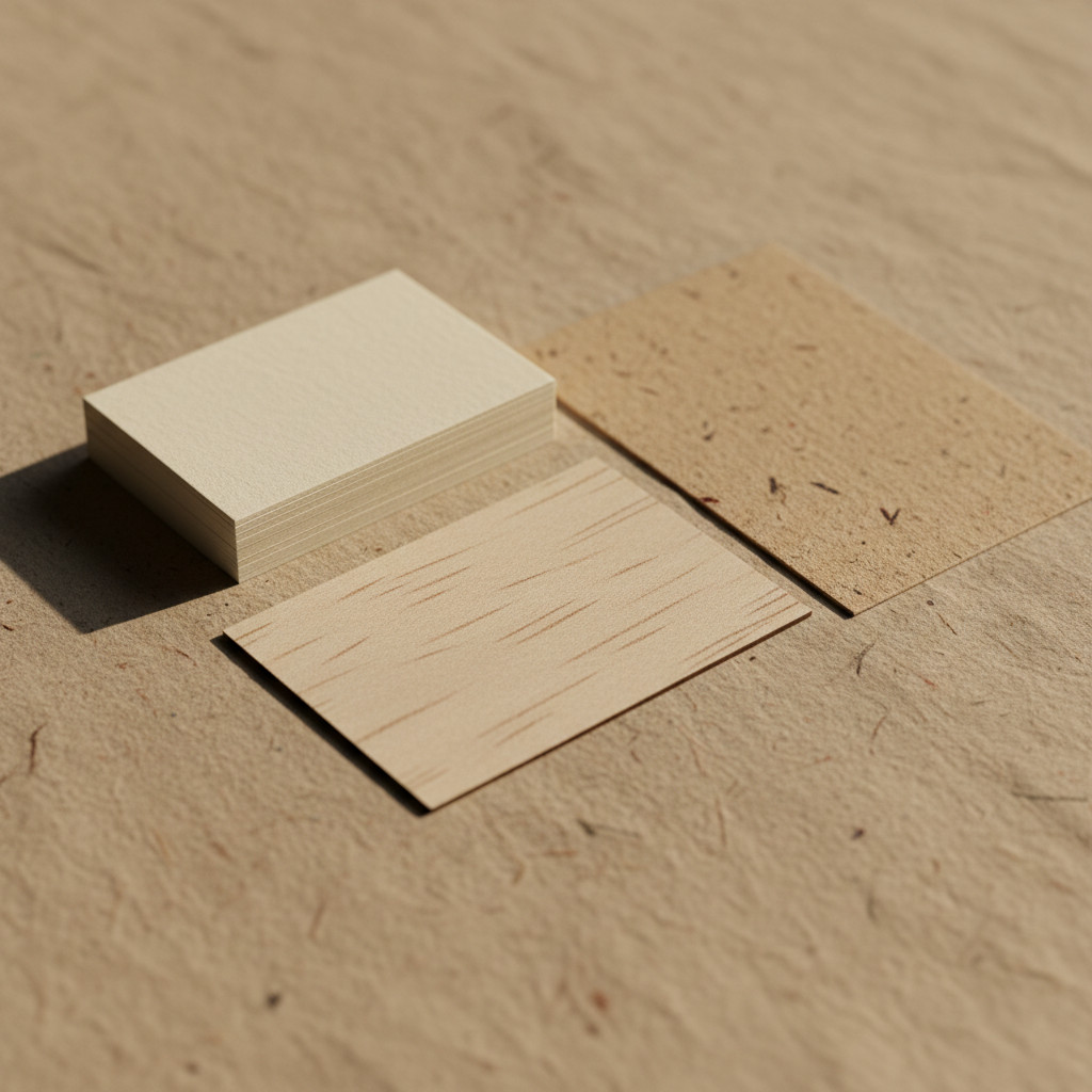 Close up of sustainable printed cards showing birch veneer, recycled kraft, and recycled pulp textures
