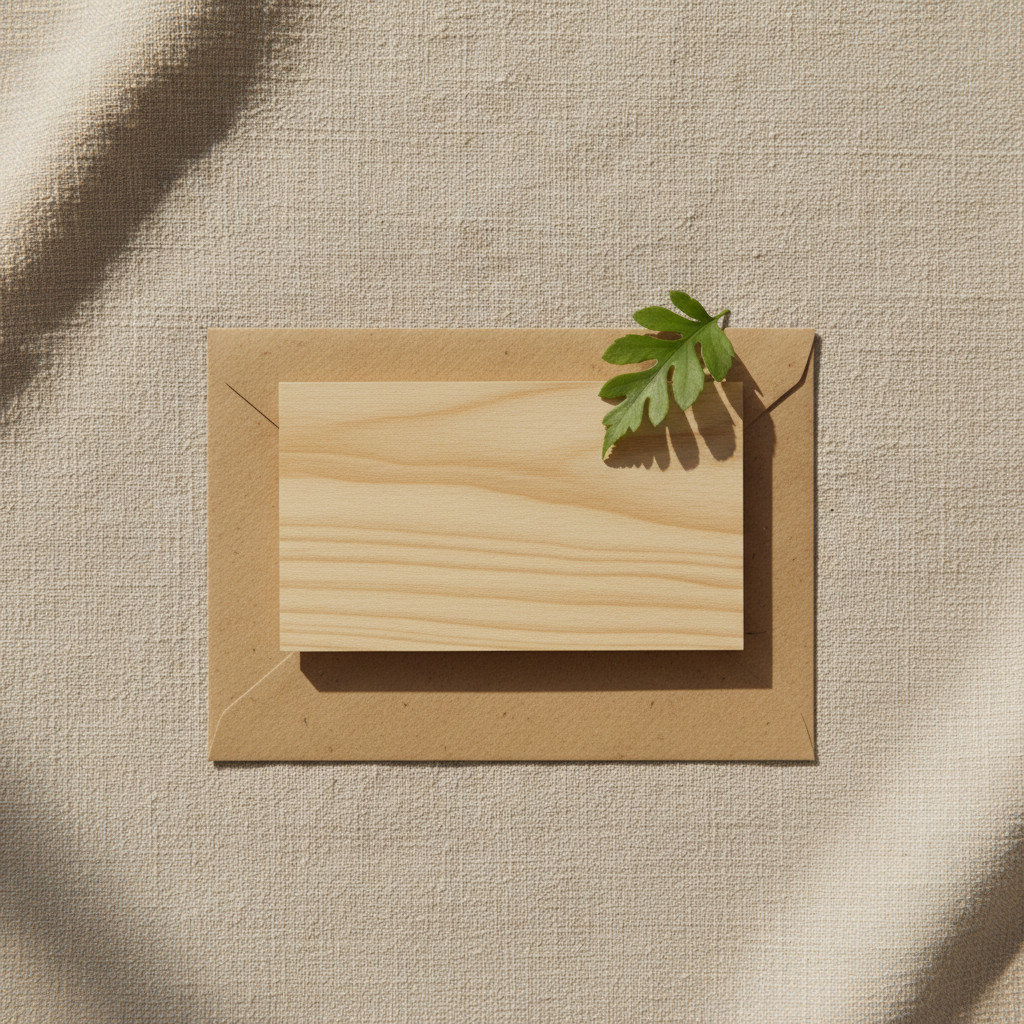 Minimalist flat lay of a thin wooden business card on linen with green leaf and kraft envelope