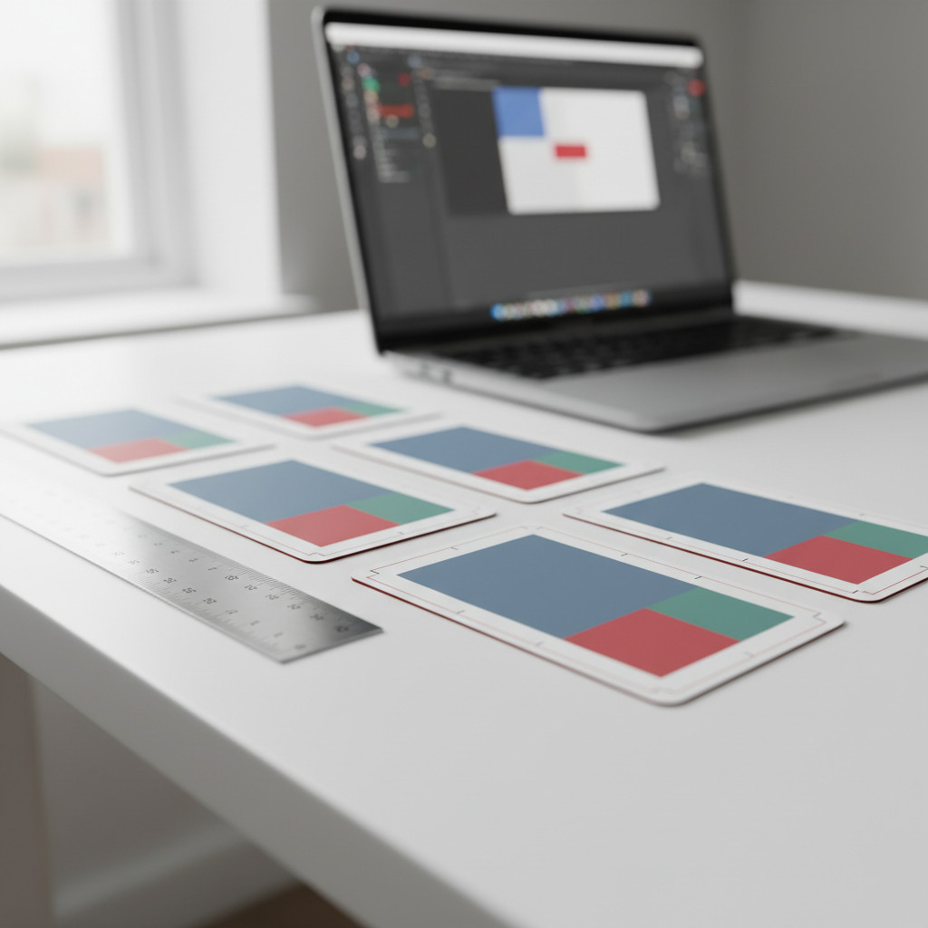 Close-up of blank variable-data ID badges with crop marks and stainless steel ruler on a white table