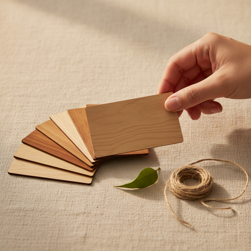 Stack of natural wood business cards fanned on a neutral linen surface with a hand holding one card, showing visible wood grain and smooth sanded finish