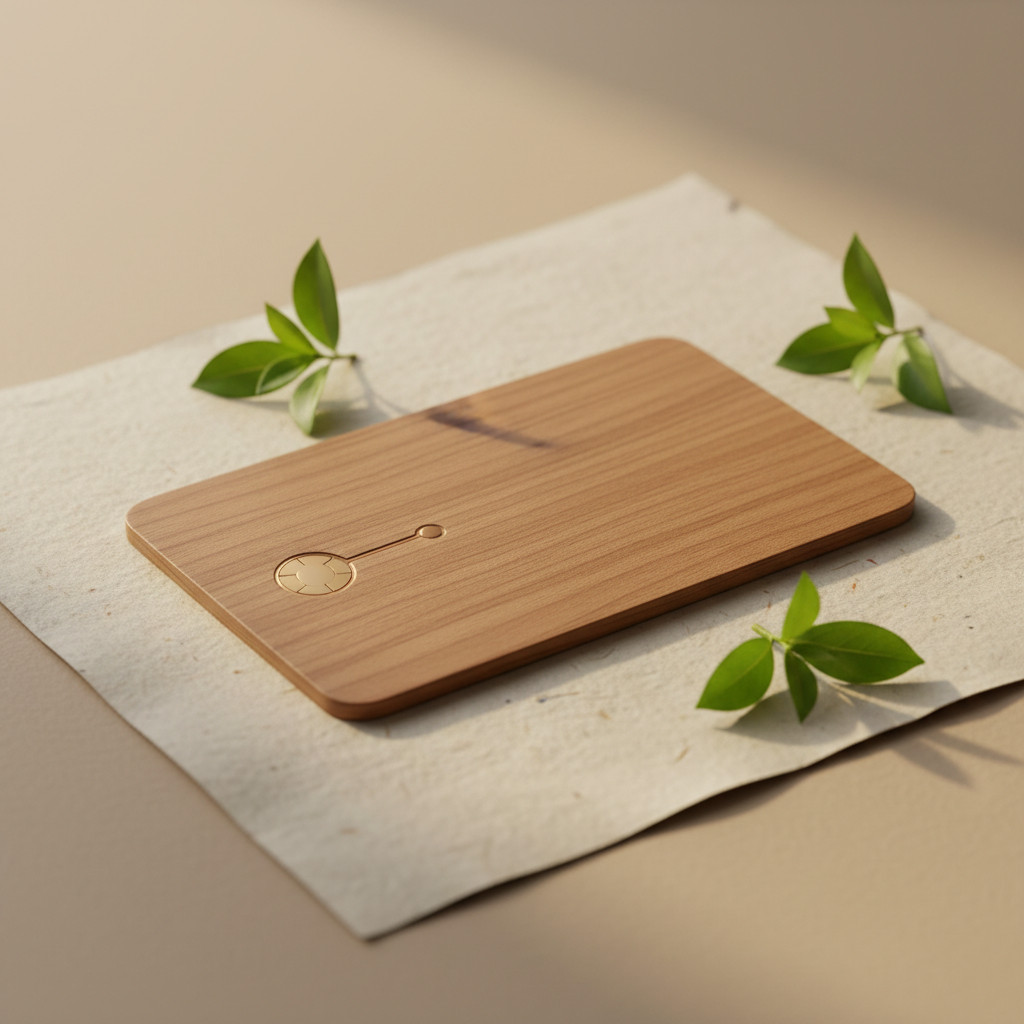 Wooden card on recycled paper with leaf sprigs and subtle RFID coil