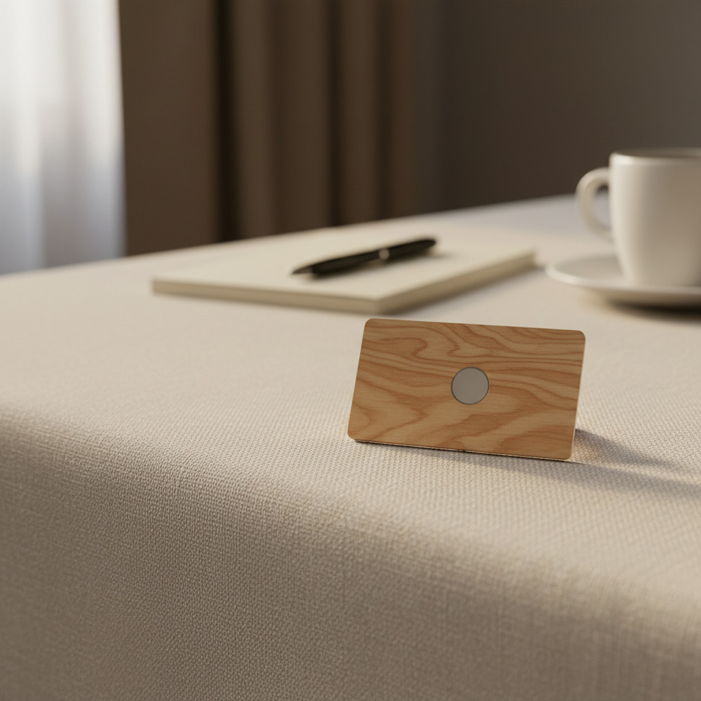 Wooden RFID keycard on a boutique hotel desk