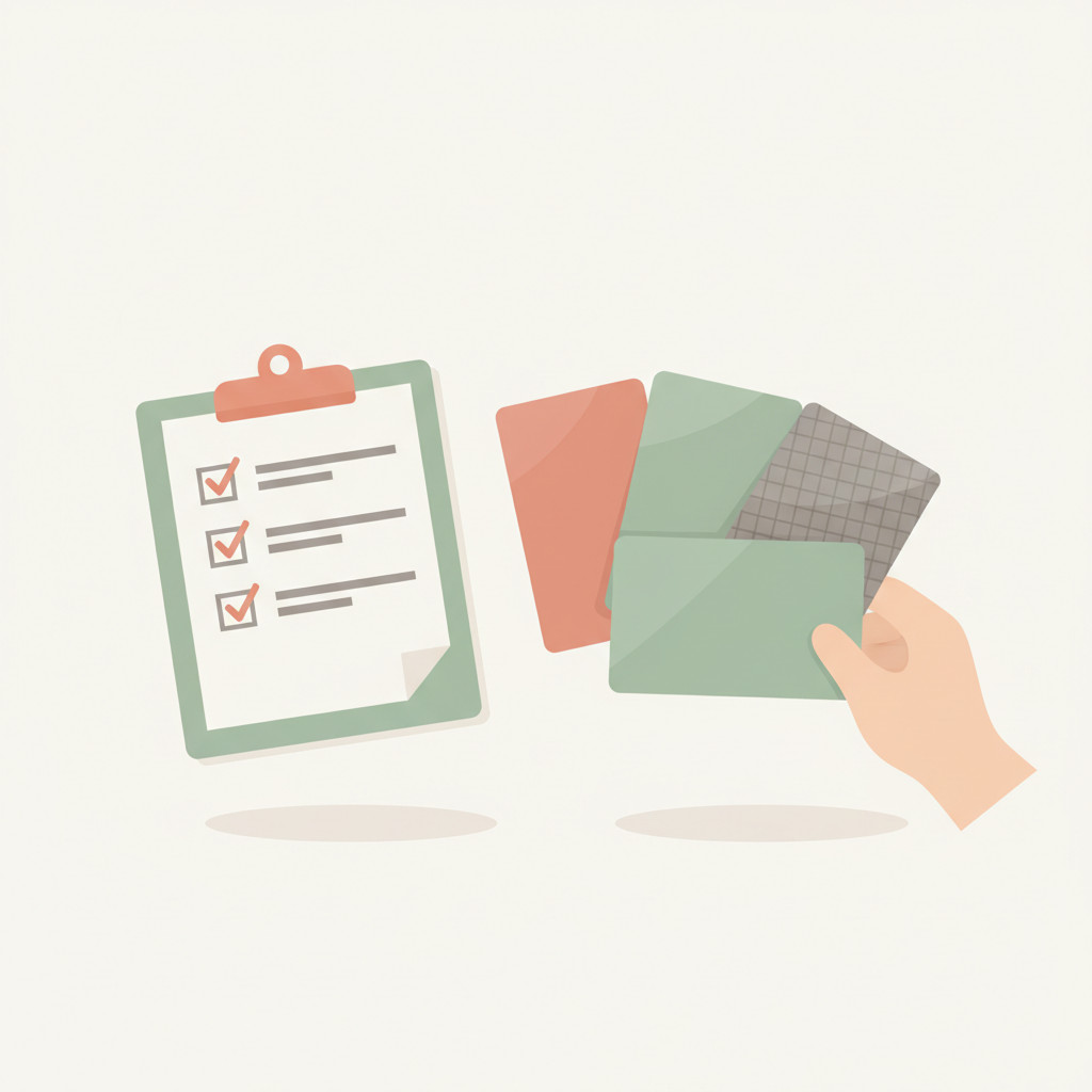 Illustration of a clipboard checklist beside sample custom cards and a hand interacting with them