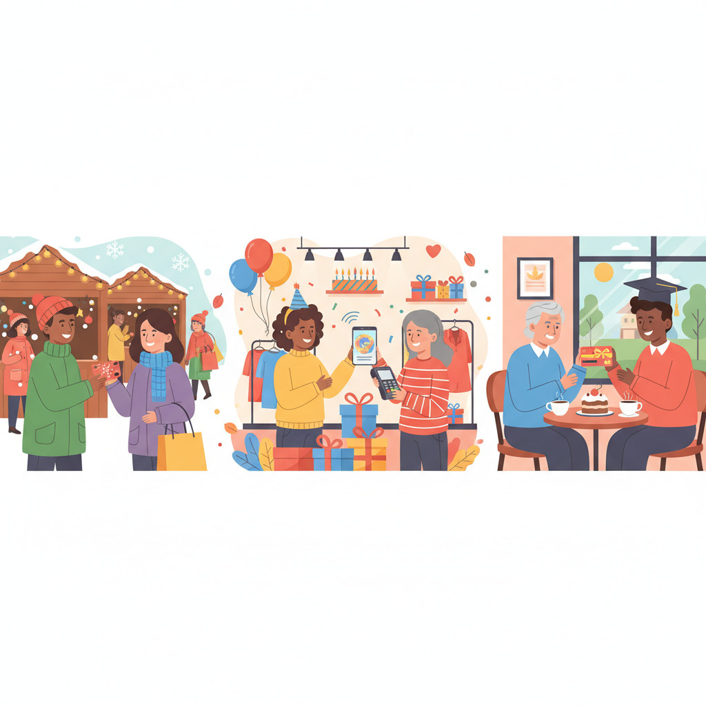 Diverse people using gift cards across seasonal contexts