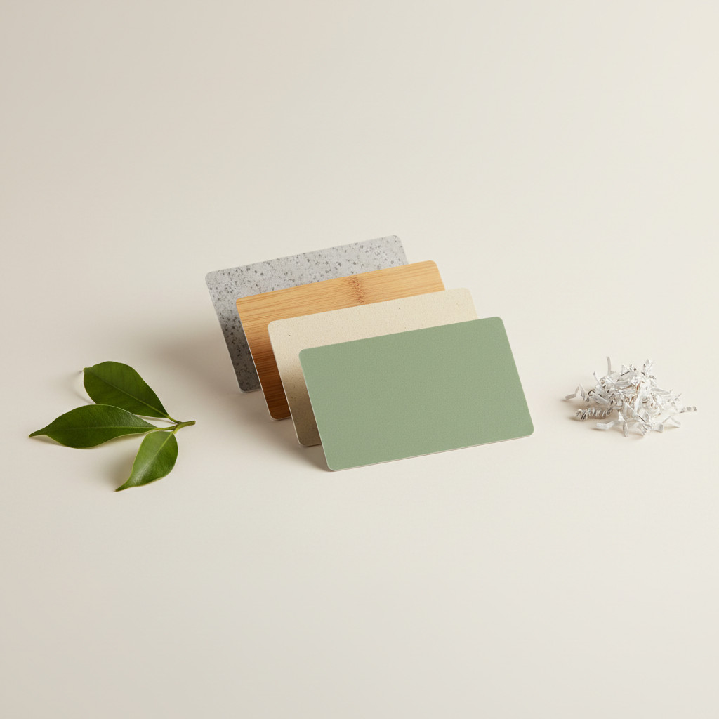 Stack of four eco-friendly membership cards showing textures of recycled plastic, bamboo veneer, FSC-certified paper, and matte biodegradable plastic on a neutral background with leaves